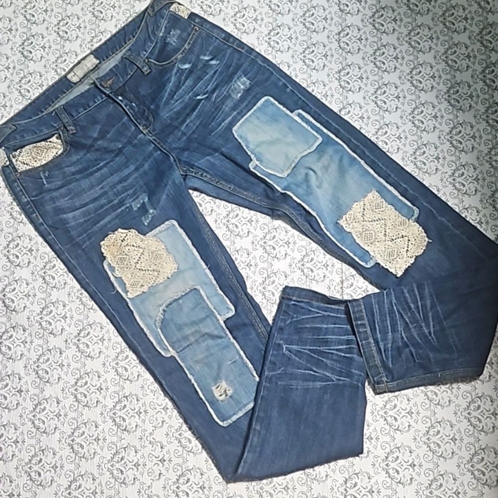 Free People Denim Patchwork Straight Leg Jeans